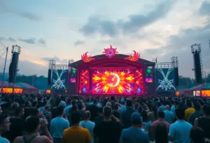 Large crowd enjoying a colorful electronic music festival in Austin with amazing art installations.