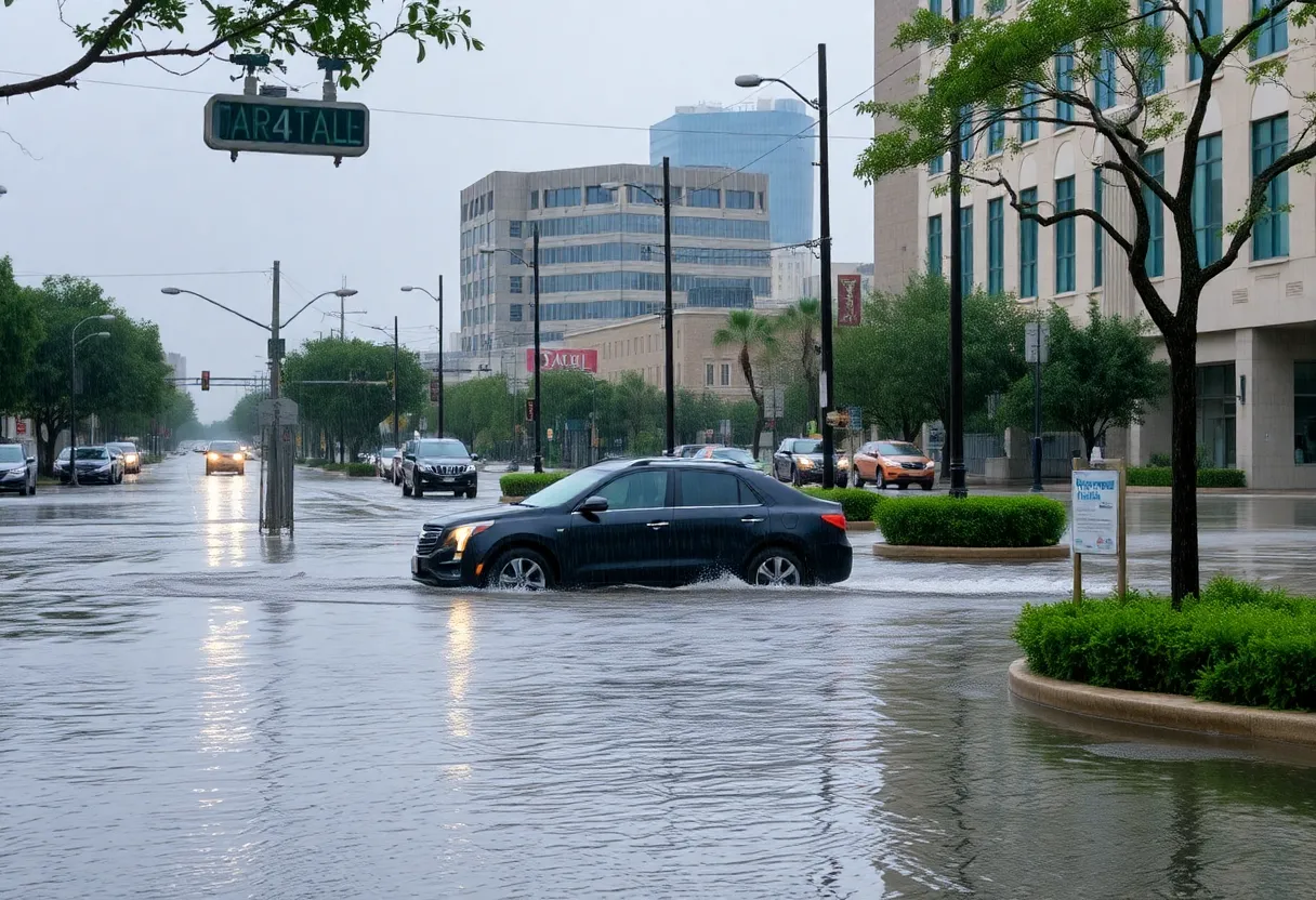 Heavy rainfall in urban Austin leading to flooded streets