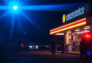 Crime scene outside a convenience store with police lights