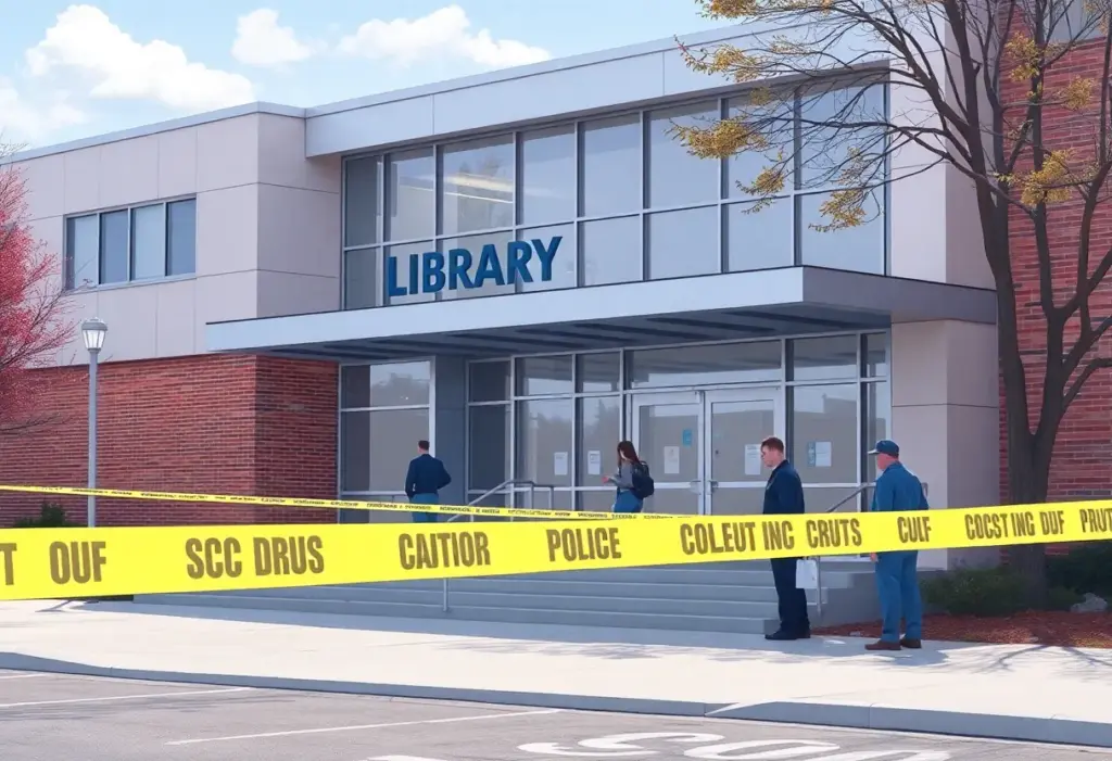Police presence outside the Austin Central Library after shooting incident.