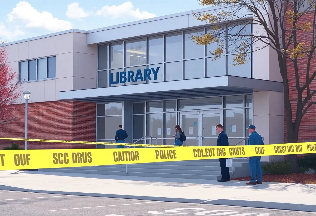 Police presence outside the Austin Central Library after shooting incident.