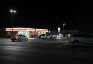 Police vehicles at the scene of a shooting outside a convenience store.