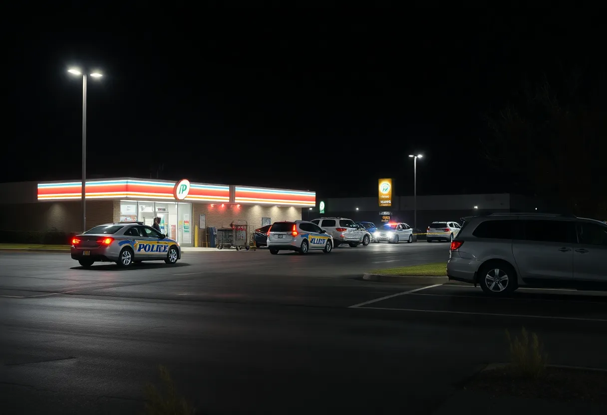 Police vehicles at the scene of a shooting outside a convenience store.