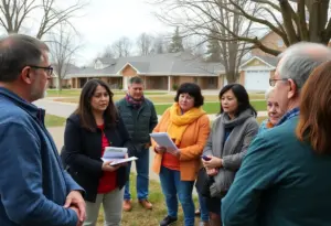 Parents in South Austin discussing school closures with schools in the background.