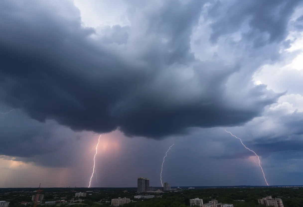 Dark storm clouds gathered over Austin, Texas, hinting at severe weather.