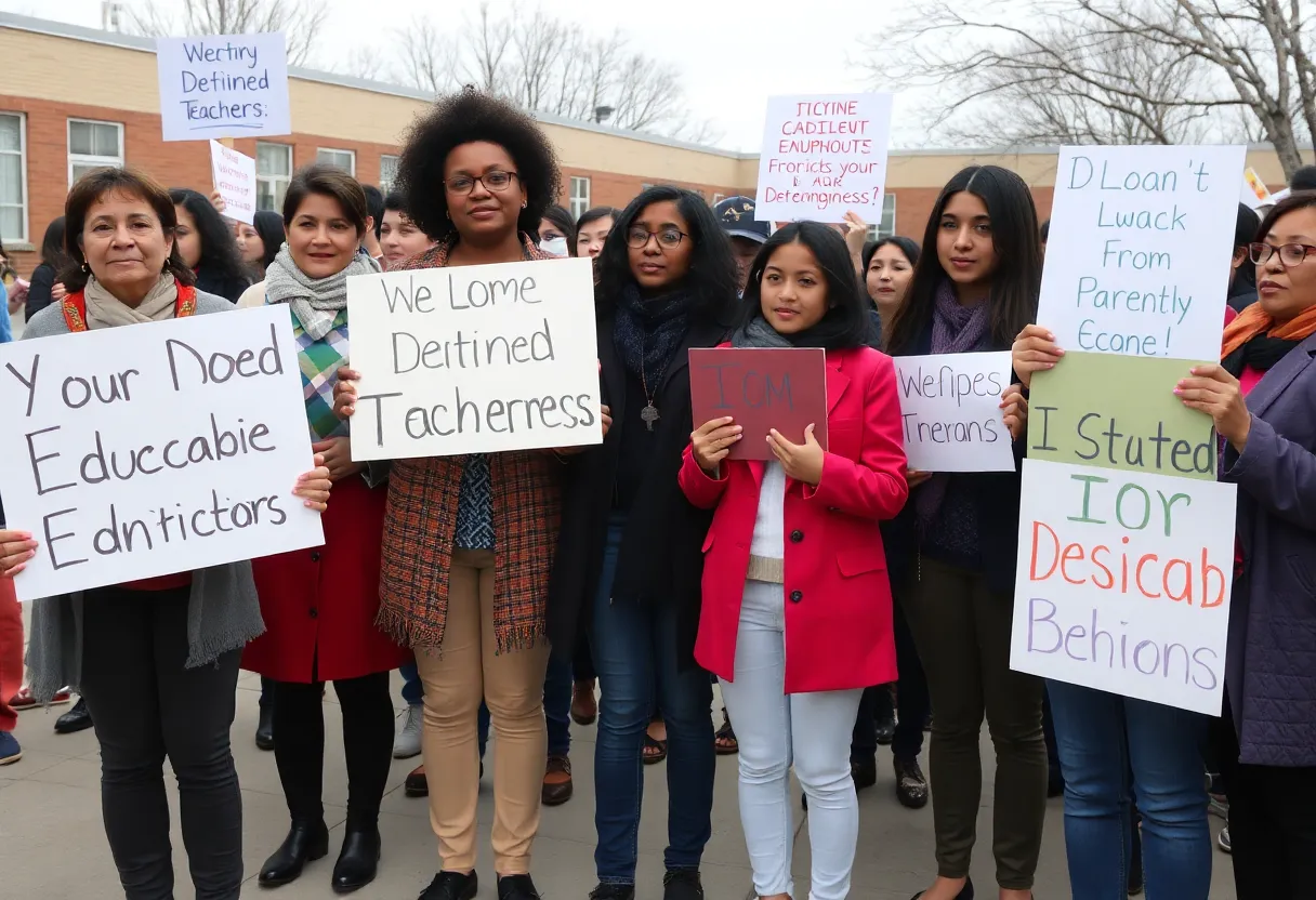 Community members gather in support of a detained teacher at Hart Elementary School.