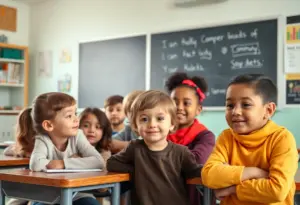Concerned students in a classroom looking supportive.