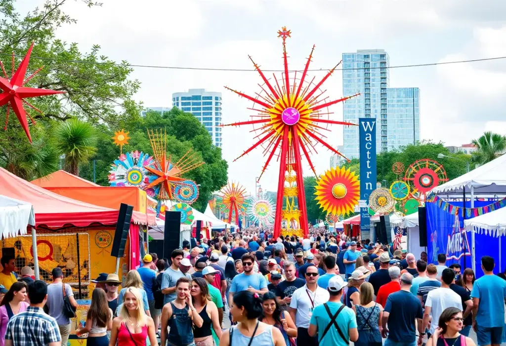 A lively festival scene at SXSW 2025 in Austin with diverse attendees and art displays.