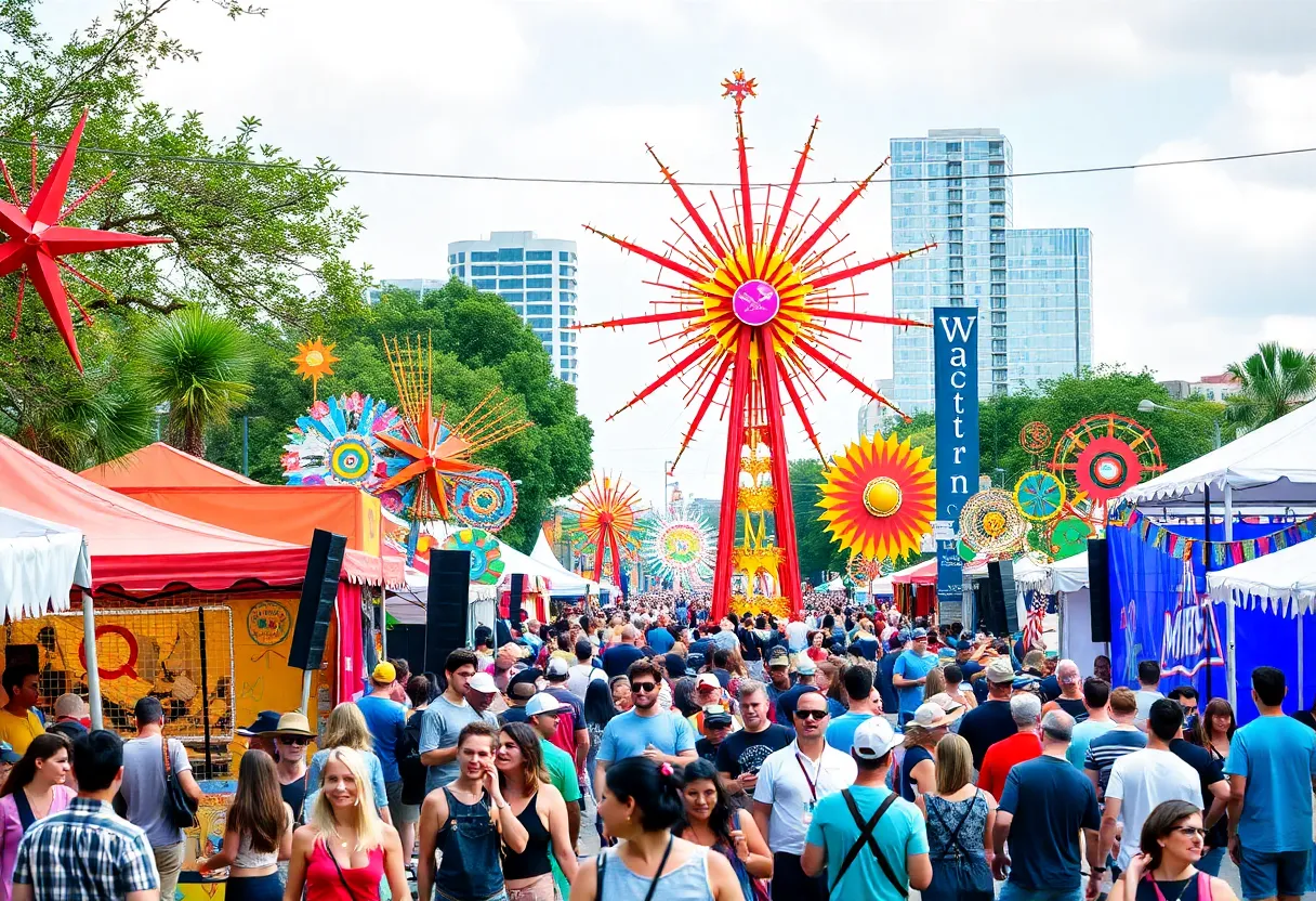 A lively festival scene at SXSW 2025 in Austin with diverse attendees and art displays.