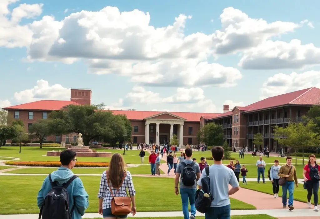 Students on Texas university campus engaged in learning activities.