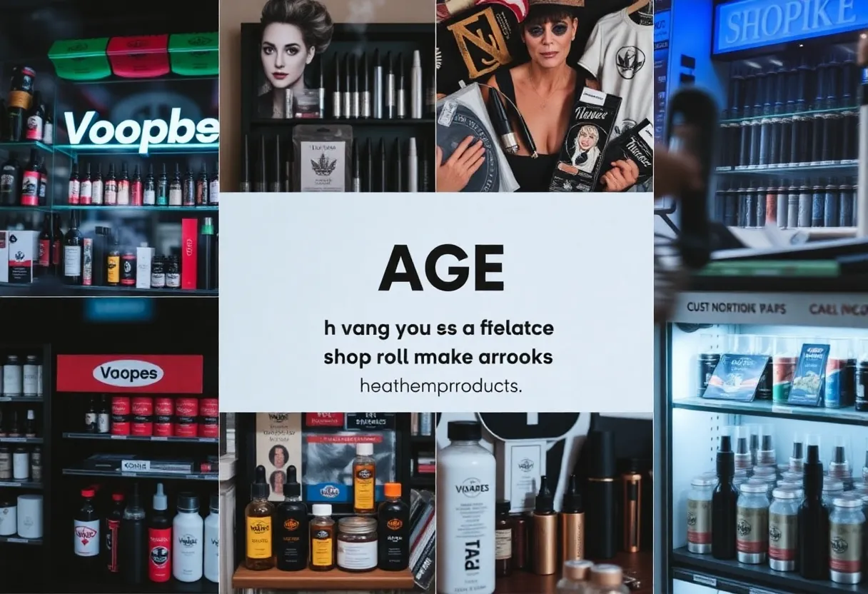 Image depicting vape shops with warning signs regarding age restrictions for hemp products.
