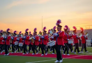 High school marching band performing at the Texas Marching Classic.