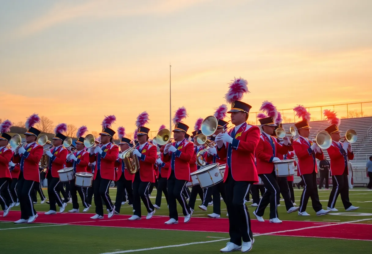 High school marching band performing at the Texas Marching Classic.
