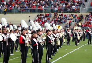 High school marching band performing at the Texas Marching Classic.