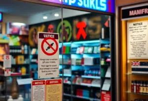 Vape shop exterior showcasing compliance signage for age verification