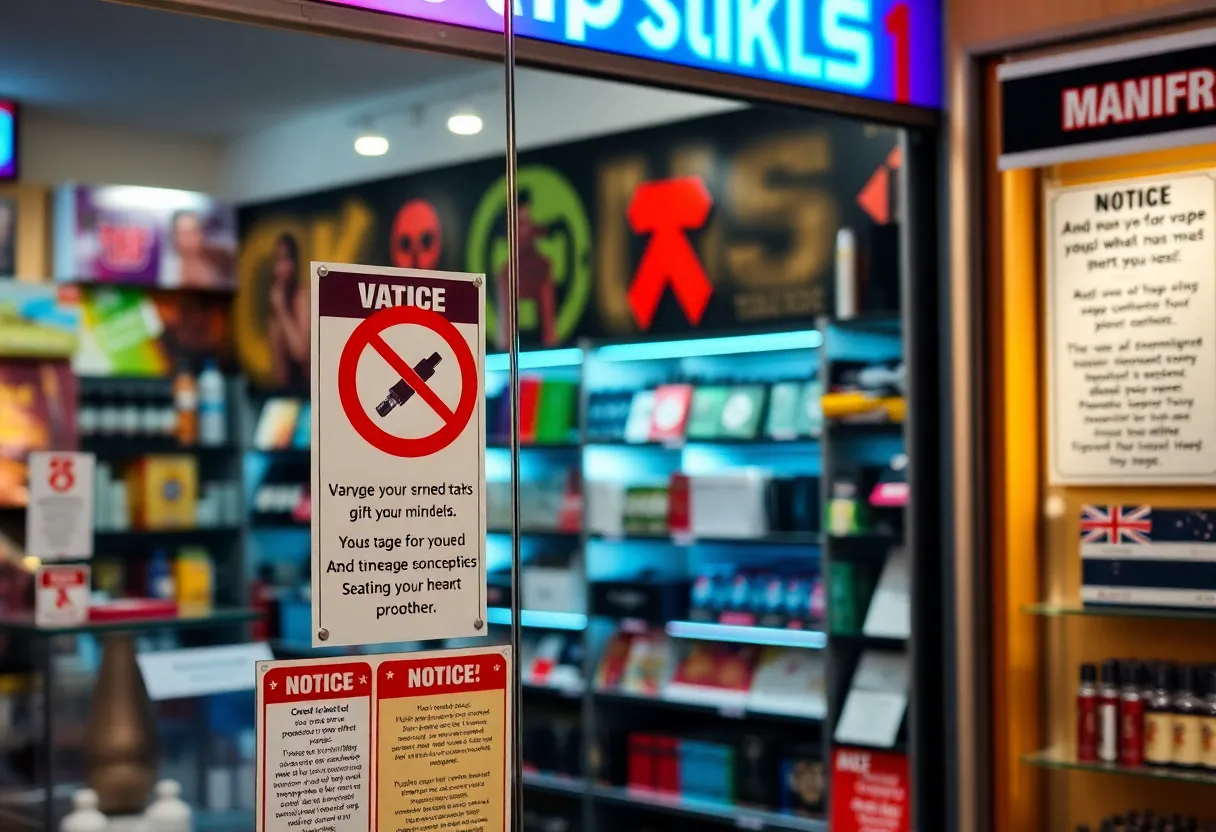 Vape shop exterior showcasing compliance signage for age verification