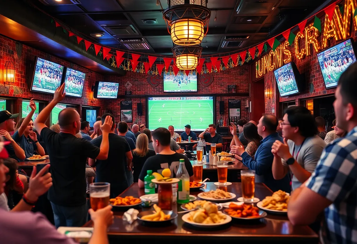 Fans watching Texas vs. Oklahoma football game at a bar
