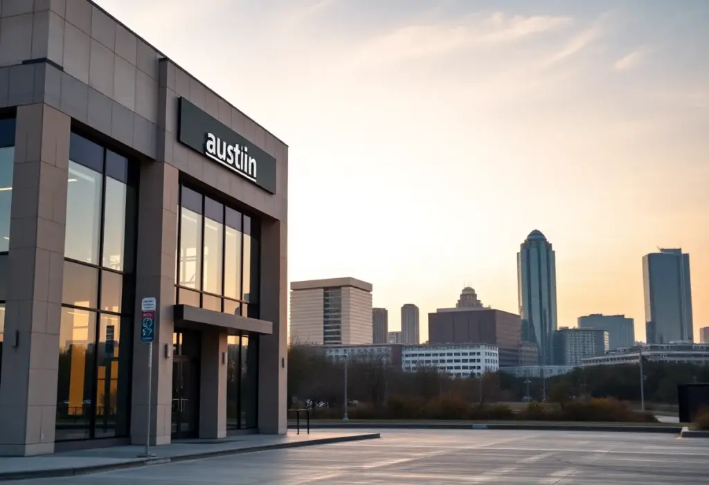 Visual representation of a bank merger with Austin skyline