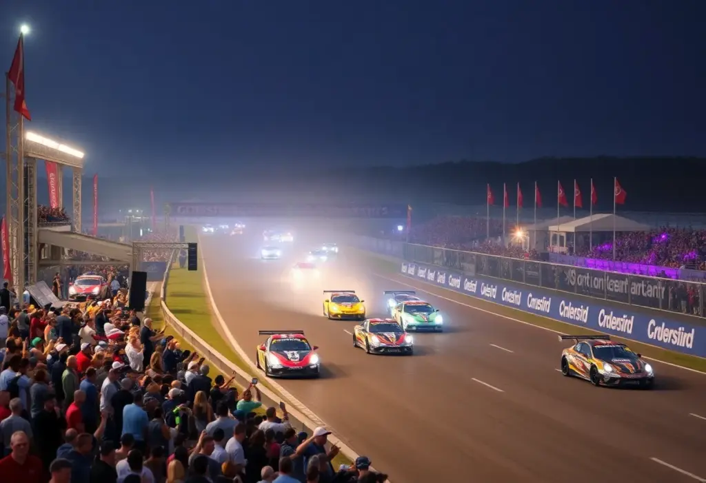 Thrilling scenes from the United States Grand Prix festival in Austin with racing cars and crowds.