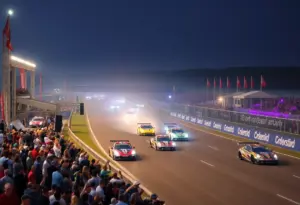 Thrilling scenes from the United States Grand Prix festival in Austin with racing cars and crowds.