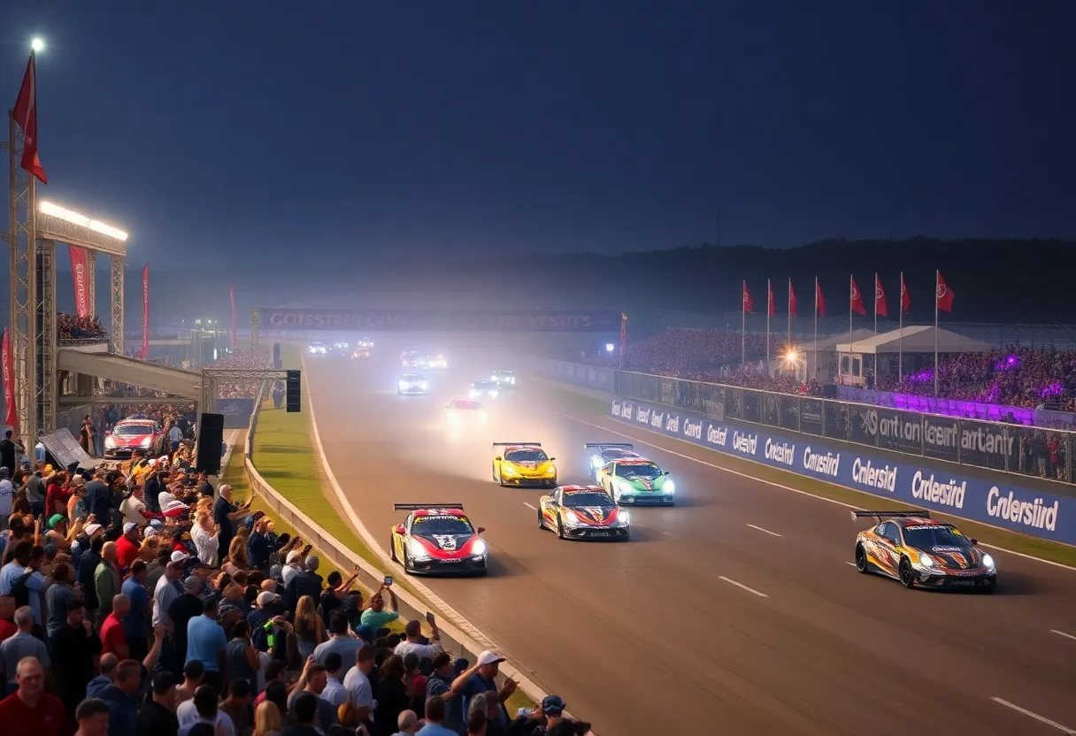 Thrilling scenes from the United States Grand Prix festival in Austin with racing cars and crowds.