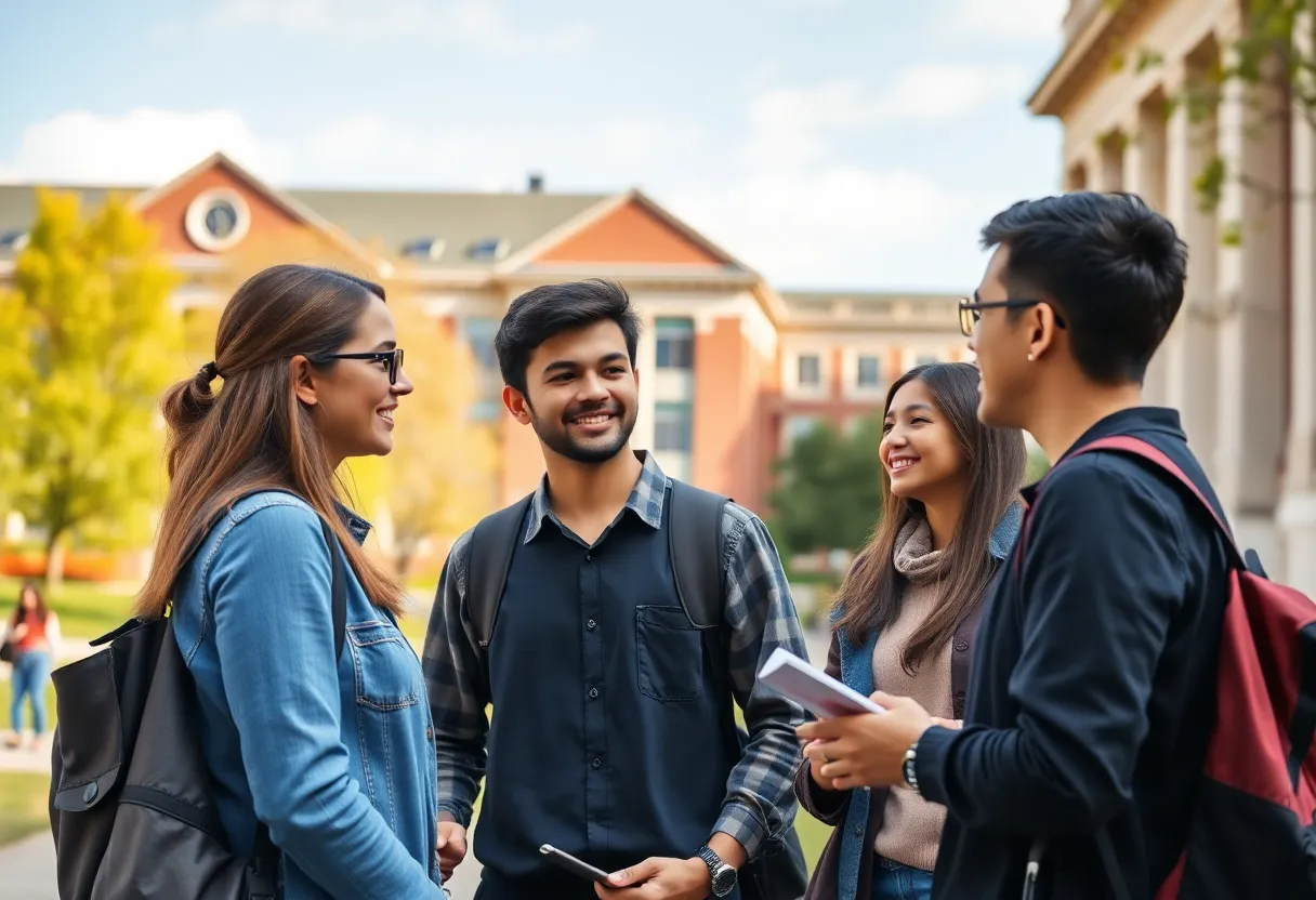 Students discussing on the University of Texas campus