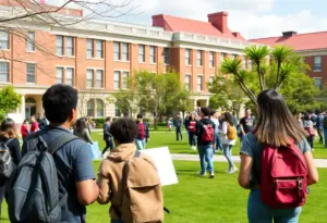 Campus view of the University of Texas at Austin showcasing students and academic buildings.