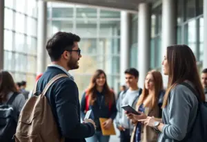 Students at the University of Texas at Austin campus engaged in academic discussions.