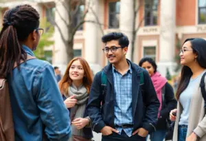 Students discussing on the University of Texas at Austin campus.