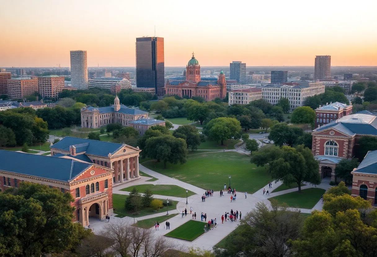 View of the University of Texas at Austin campus with students