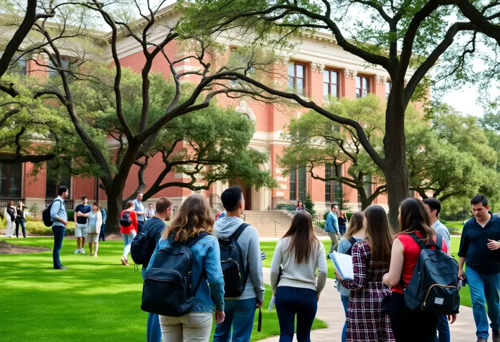 University of Texas at Austin campus with students engaged in discussion