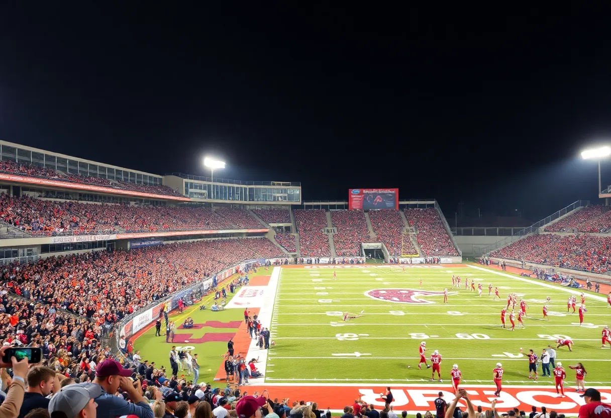 Fans cheering in Westlake High School stadium during the football game against Austin High School.