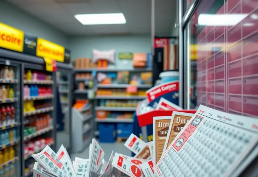 A convenience store's lottery ticket display in Austin.