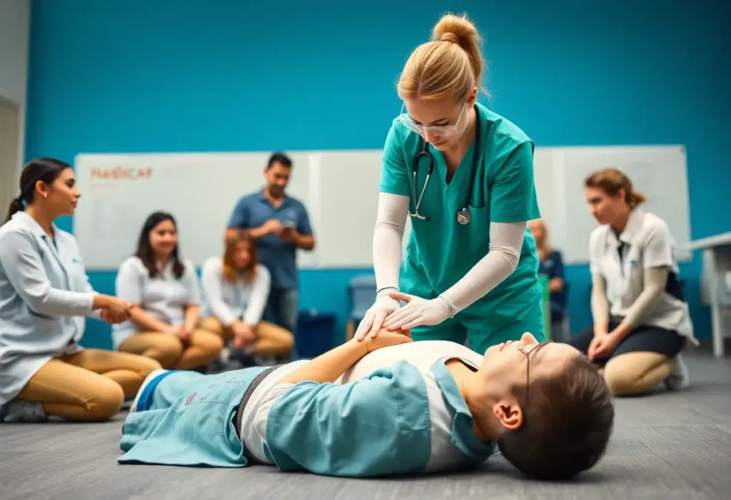 Healthcare professional demonstrating CPR to trainees