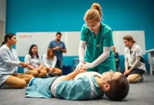 Healthcare professional demonstrating CPR to trainees