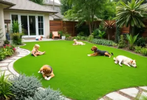 Artificial turf lawn in Austin featuring sustainable landscaping and children playing.