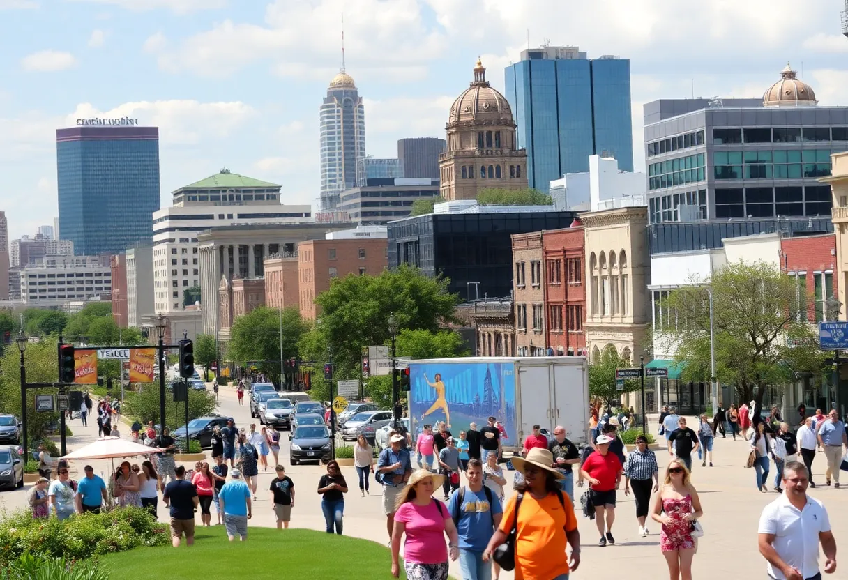 A lively cityscape of Austin, Texas featuring landmarks and people in the community.