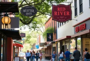 Street view of Austin's Red River Cultural District with people enjoying music and art.