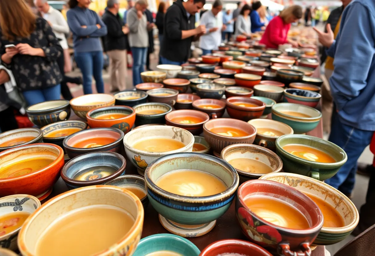 Community members enjoying the Austin Empty Bowl Project with handcrafted bowls and soup.