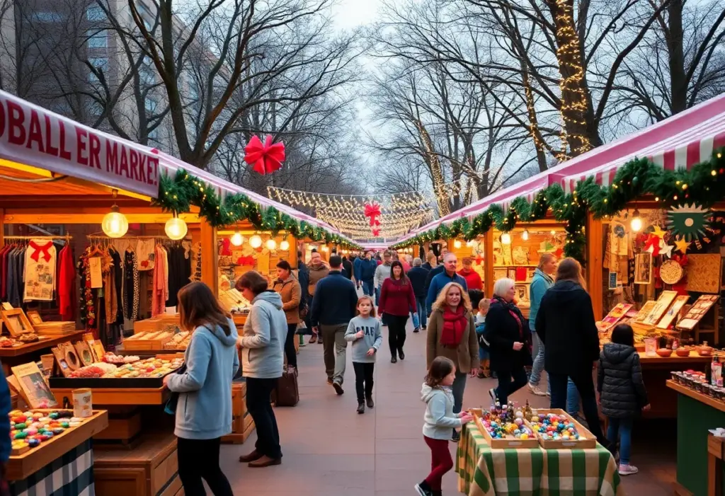 A bustling holiday market in Austin filled with local artisans and festive decorations.