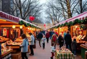 A bustling holiday market in Austin filled with local artisans and festive decorations.