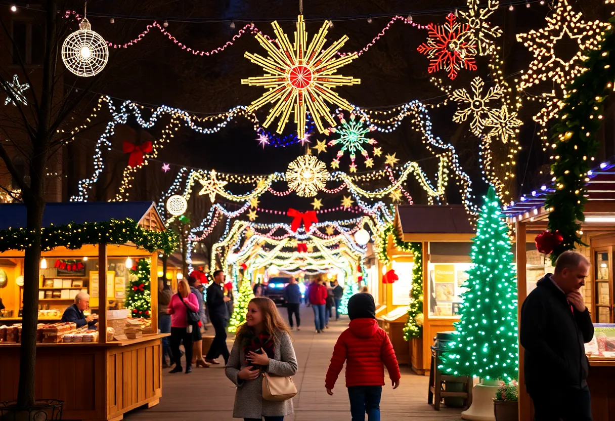 A festive holiday scene in Austin with lights and a market.