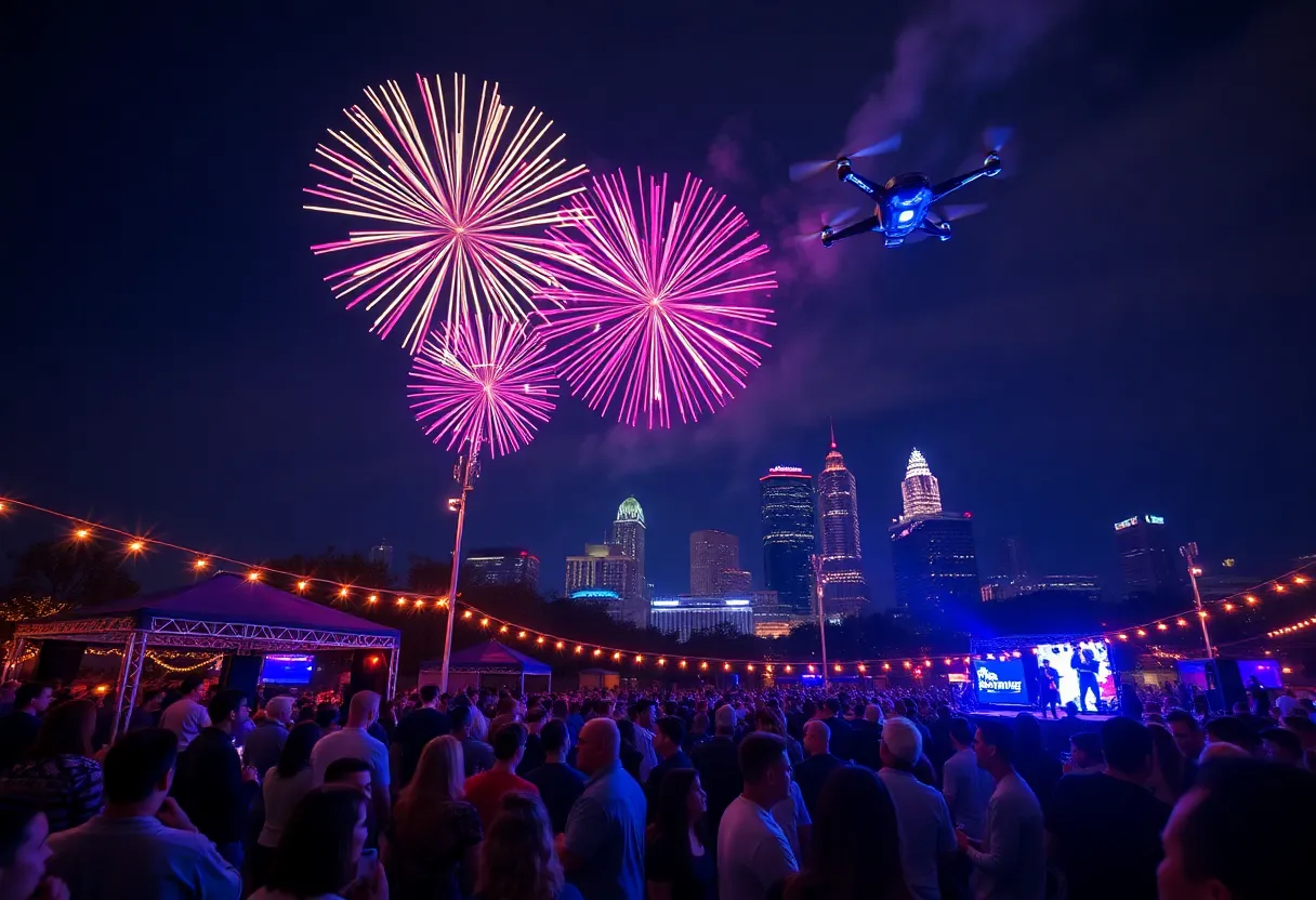 Crowd enjoying New Year's Eve celebration in Austin with fireworks and live music