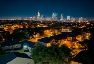 A panoramic view of Austin at night, highlighting city lights and houses.