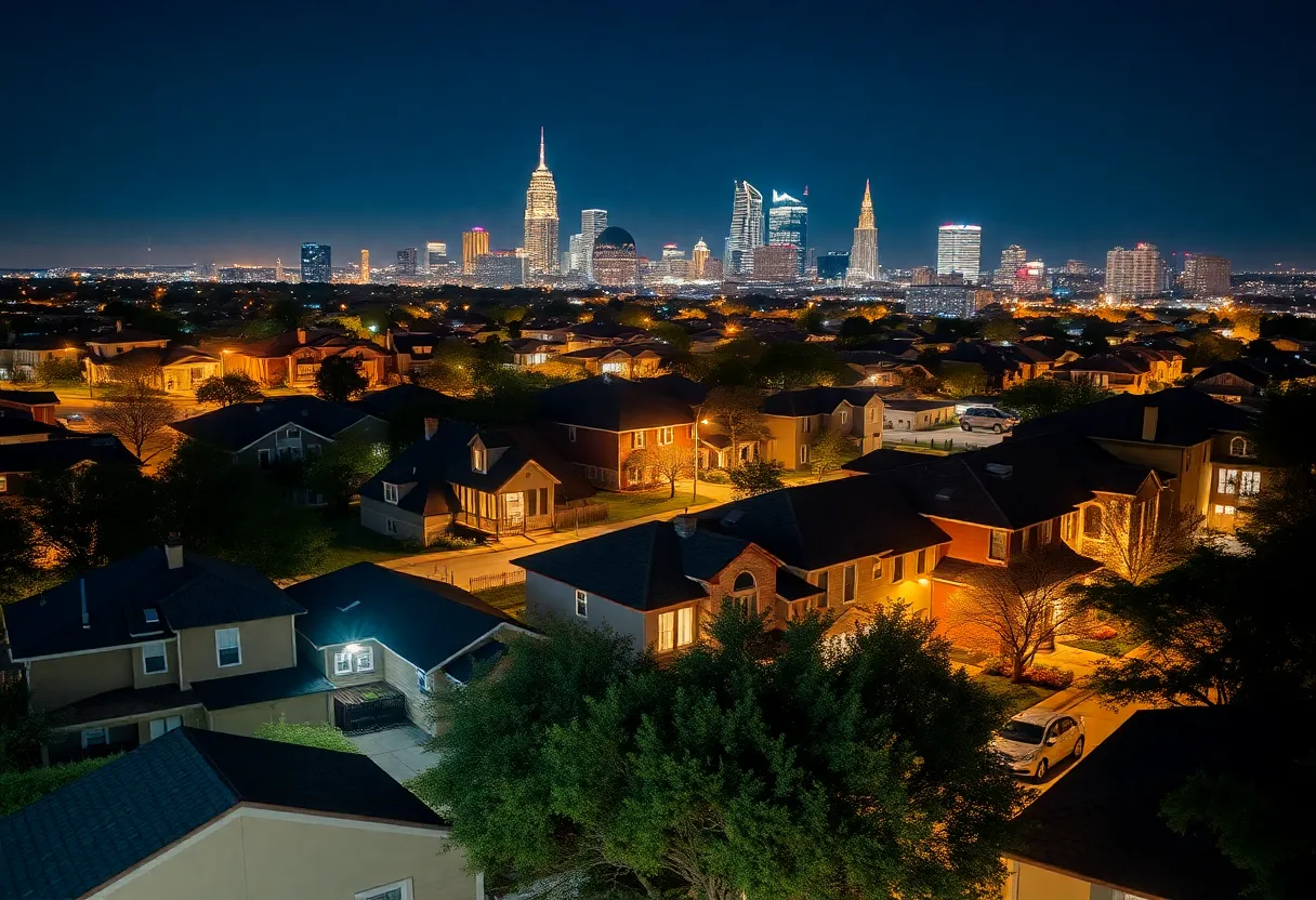 A panoramic view of Austin at night, highlighting city lights and houses.