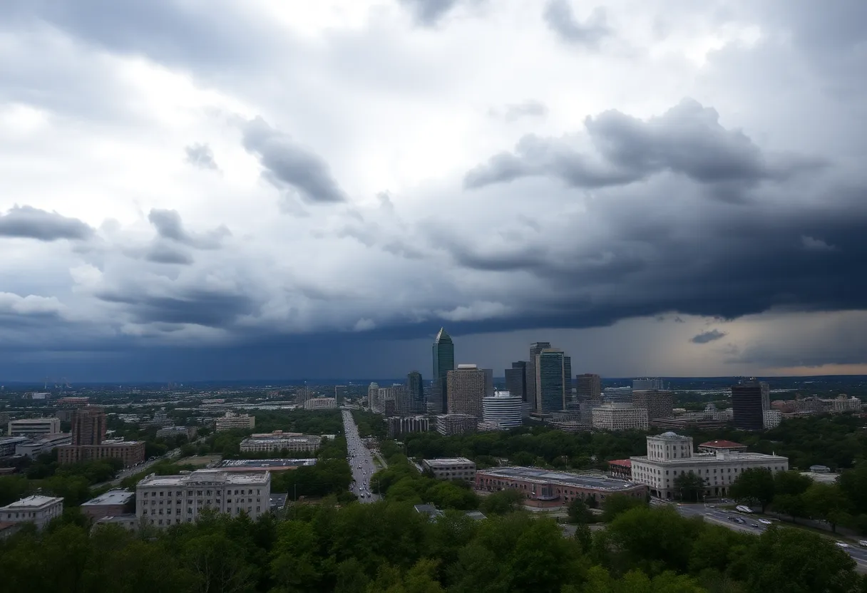 Panoramic view of Austin skyline with dark clouds indicating an incoming cold front.