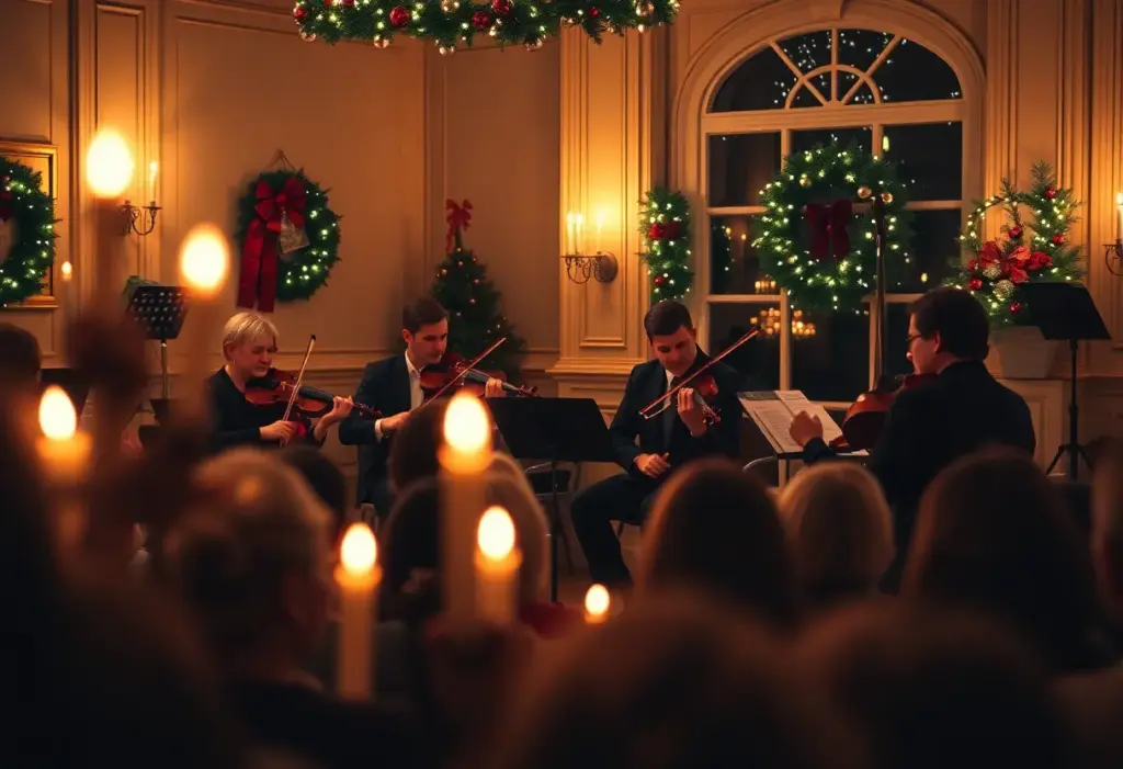 A string quartet performing under candlelight during a concert