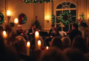 A string quartet performing under candlelight during a concert