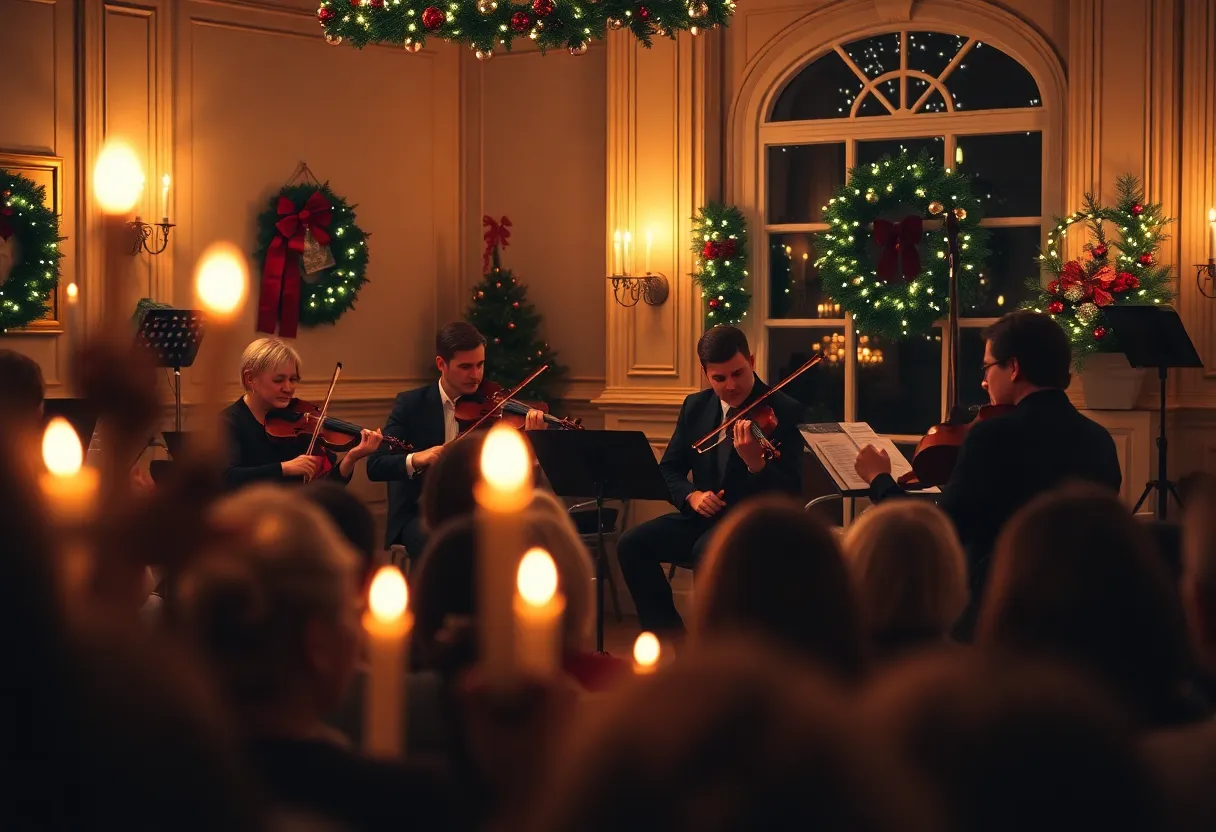 A string quartet performing under candlelight during a concert