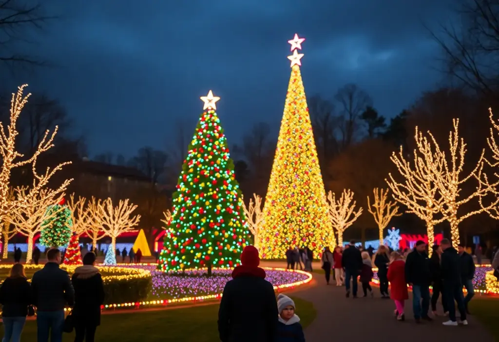 Holiday lights display in College Station with a large Christmas tree